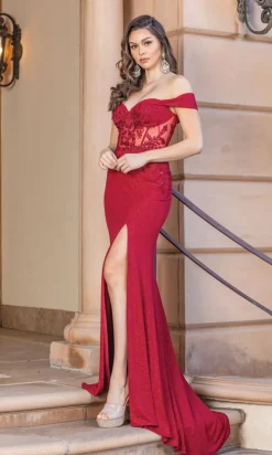 Sheer-Corset Bodice Off-the-Shoulder Prom Dress