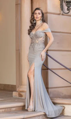 Sheer-Corset Bodice Off-the-Shoulder Prom Dress