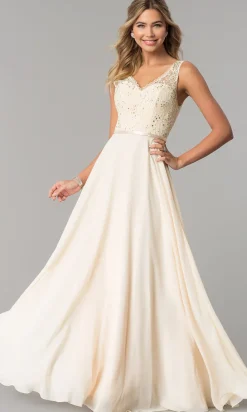 Sleeveless Lace-Bodice V-Neck Long Formal Dress