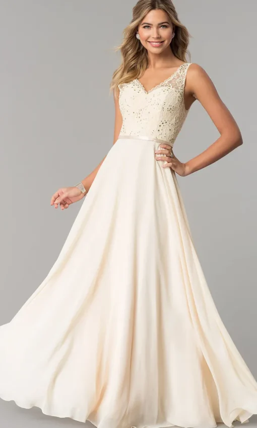 Sleeveless Lace-Bodice V-Neck Long Formal Dress