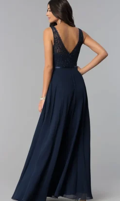 Sleeveless Lace-Bodice V-Neck Long Formal Dress