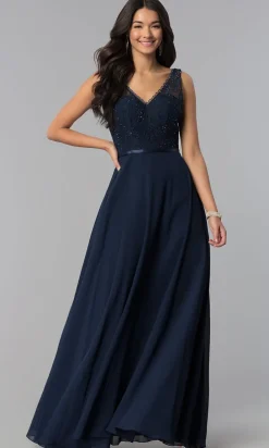 Sleeveless Lace-Bodice V-Neck Long Formal Dress