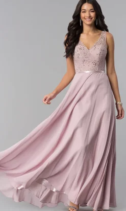 Sleeveless Lace-Bodice V-Neck Long Formal Dress