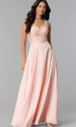 Sleeveless Lace-Bodice V-Neck Long Formal Dress