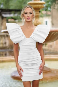 Statement-Shoulder Ruched Tess Mini Dress