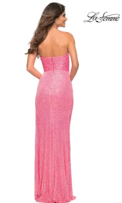Strapless Neon Pink La Femme Sequin Prom Dress