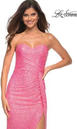 Strapless Neon Pink La Femme Sequin Prom Dress