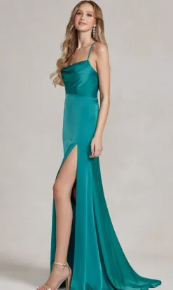 Strappy-Back Cowl-Neck Long Prom Dress E1068