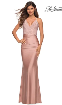 Strappy-Back La Femme Long Prom Dress with Beading