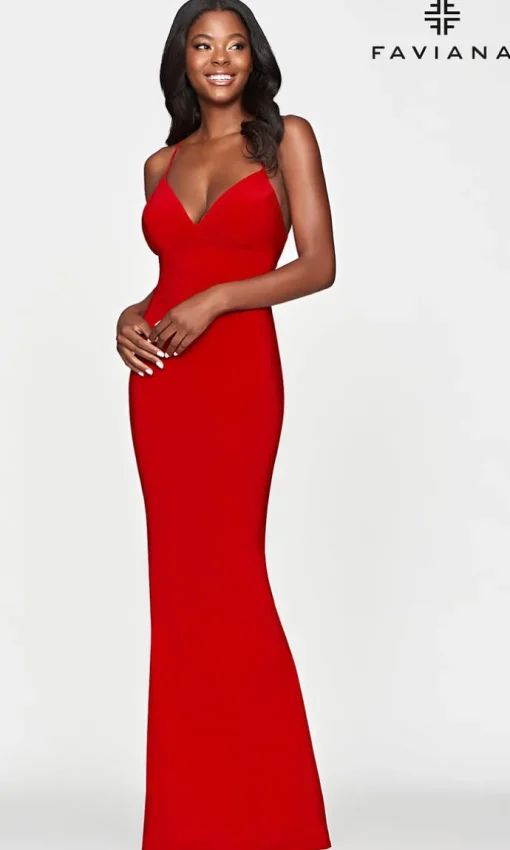 Strappy-Open-Back Long Red Prom Dress by Faviana
